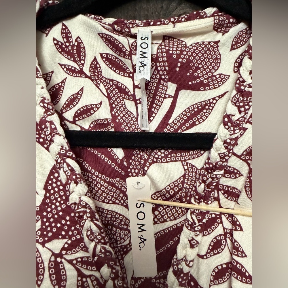 NWT Soma Soft Jersey Caftan Bra Dress Flutter Sleeve Sz L Maroon/Ivy Braided NEW - Picture 4 of 7